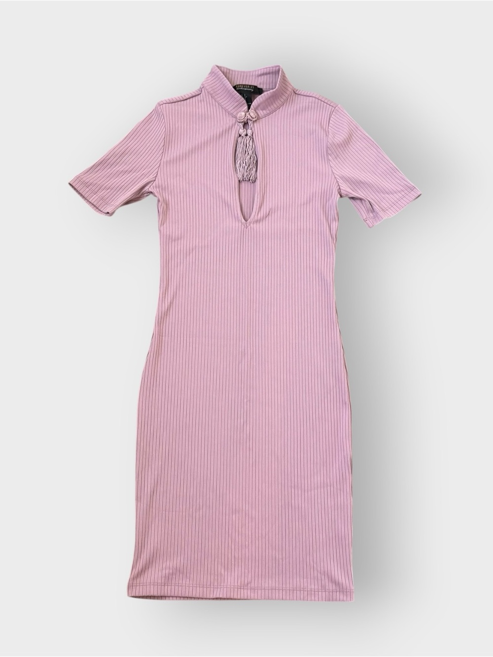 Forever 21 Mauve Ribbed Mandarin Collar Tassel Short Sleeve Bodycon Mini Dress
